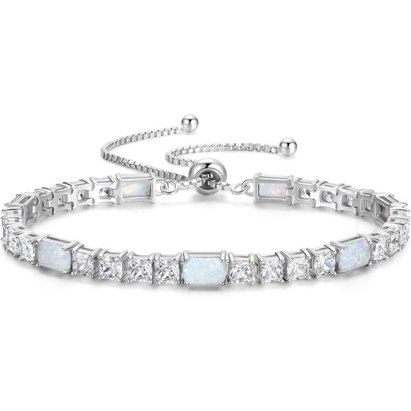 Birthstone Sterling Silver 4x6mm Gemstone Tennis Bracelet - 10-Opal